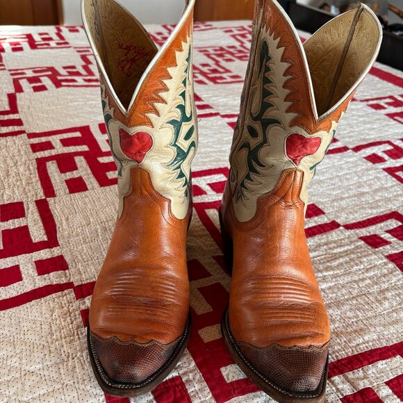 Custom Hammon Cowboy Boots, Women's 8C, PeeWee, Brown & Tan, inlaid tops - Picture 2 of 11